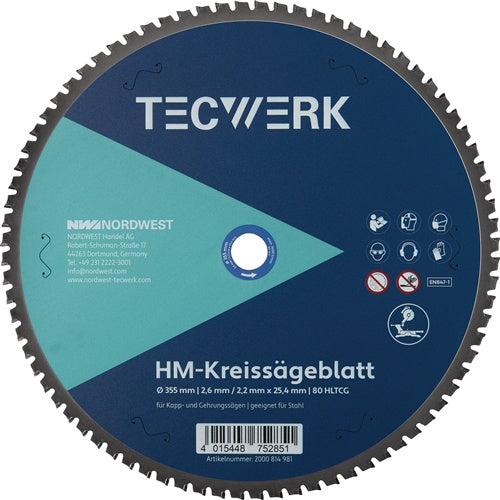 TECWERK Tisch-/Kappkreissägeblatt Bohrung 25,4 mm Schnittbreite 2,6 mm AuĂen-Ă 355 mm Schnittbreite 2.6 mm Bohrung 25.4 mm Zahnform HLTCG Zähnezahl 80Â