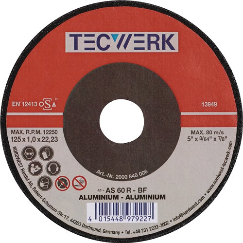 TECWERK Trennscheibe ALU Aluminium Bohrung 22,23 mm Ø 125 mm Scheibenstärke 1.6 mm Form gerade