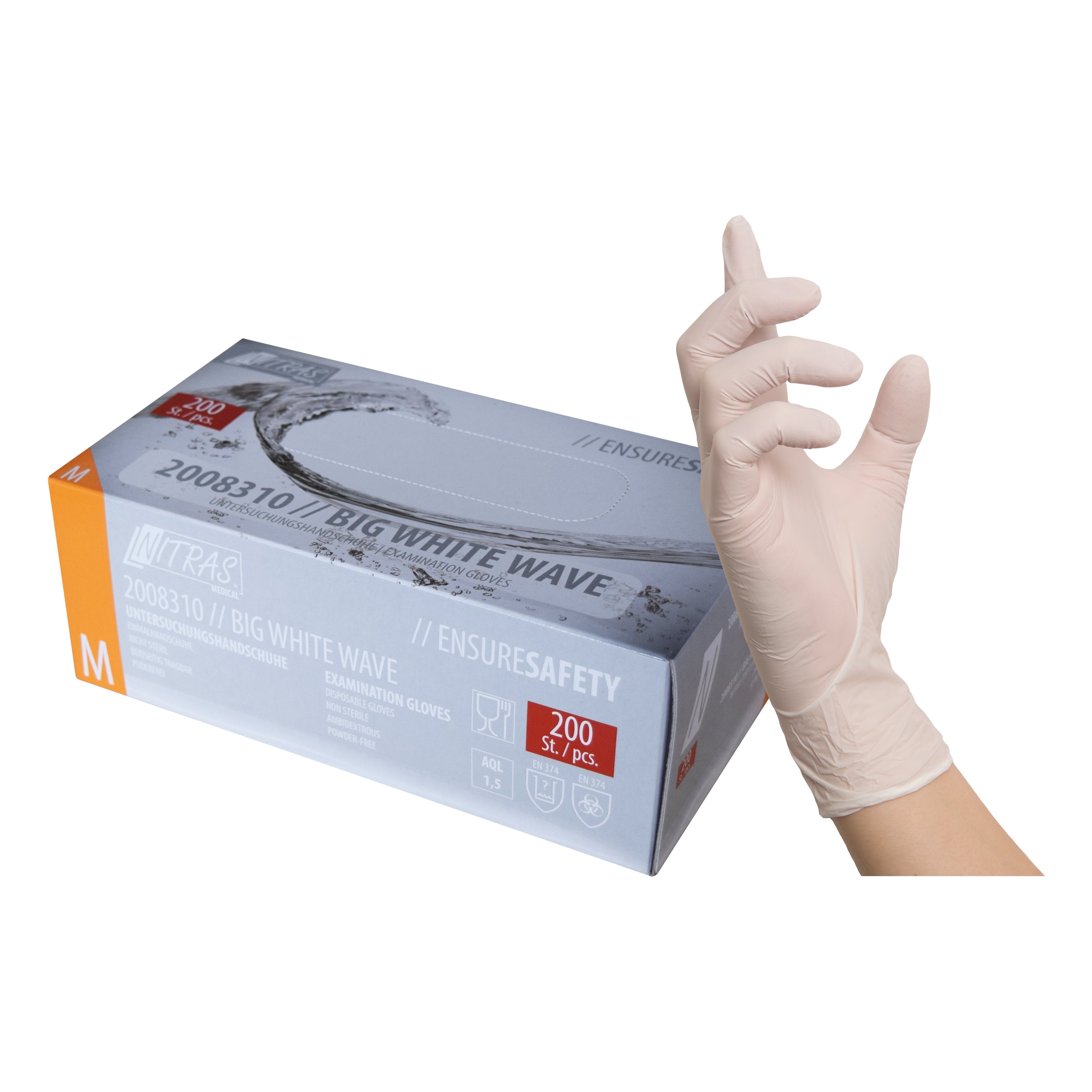 NITRAS BIG WHITE WAVE, Nitril-Einmalhandschuhe, weiß, EN 455, EN ISO 21420, EN ISO 374, EN 421, Box à 200 Stück