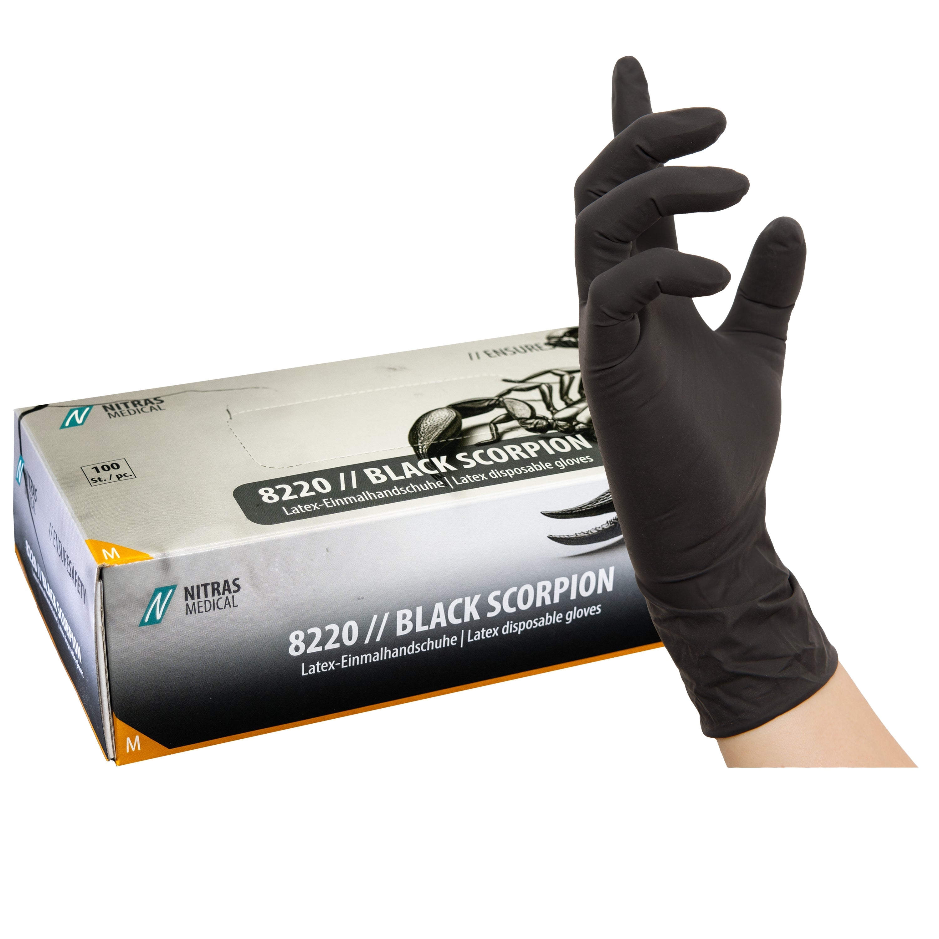 NITRAS BLACK SCORPION, Latex-Einmalhandschuhe, schwarz, EN 455, EN ISO 21420, EN ISO 374, Box à 100 Stück