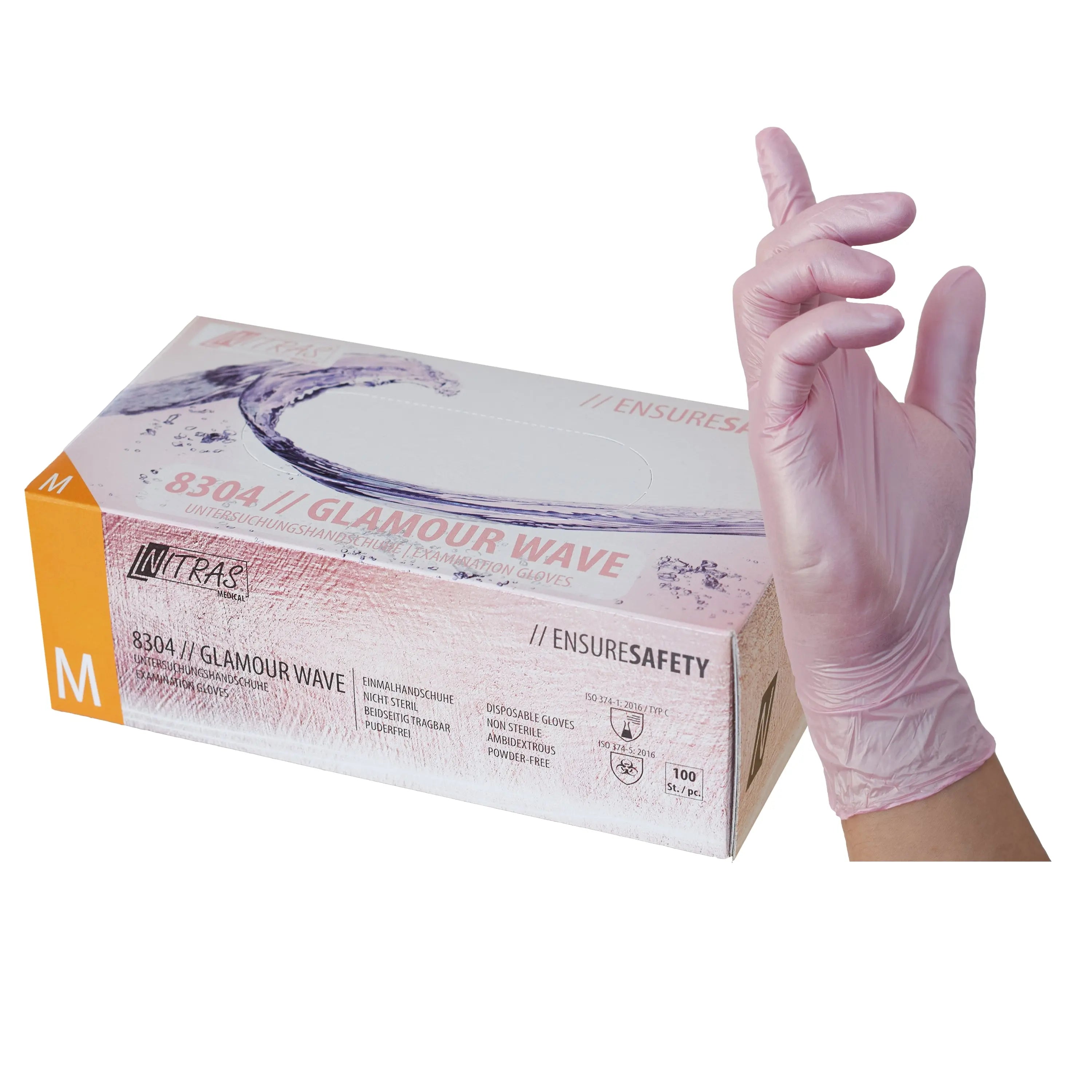 NITRAS GLAMOUR WAVE, Nitril-Einmalhandschuhe, rosa, perlmuttfarben, EN 455, EN ISO 21420, EN ISO 374, EN 421, Box à 100 Stück