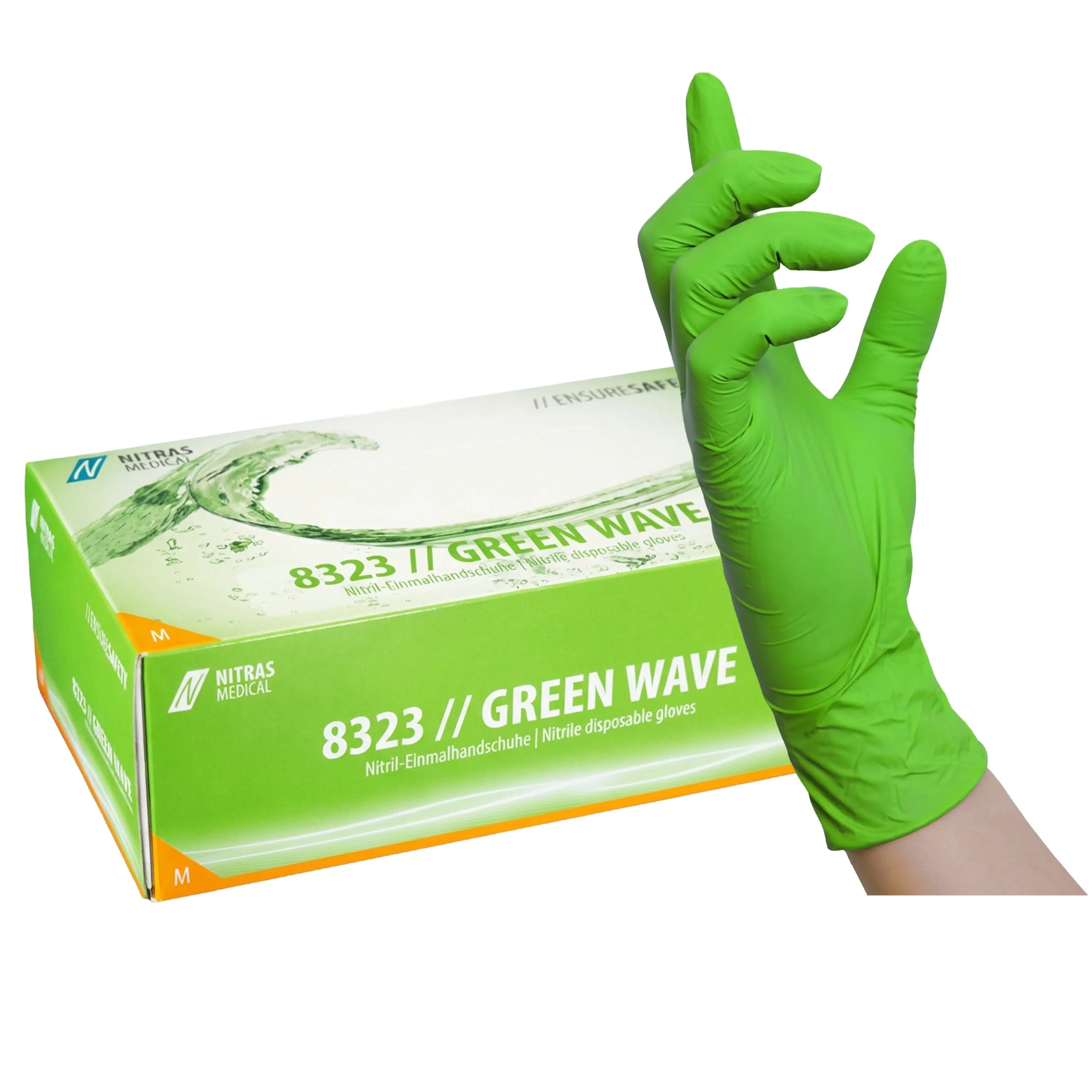 NITRAS GREEN WAVE, Nitril-Einmalhandschuhe, grün, EN 455, EN ISO 21420, EN ISO 374, EN 421, Box à 100 Stück