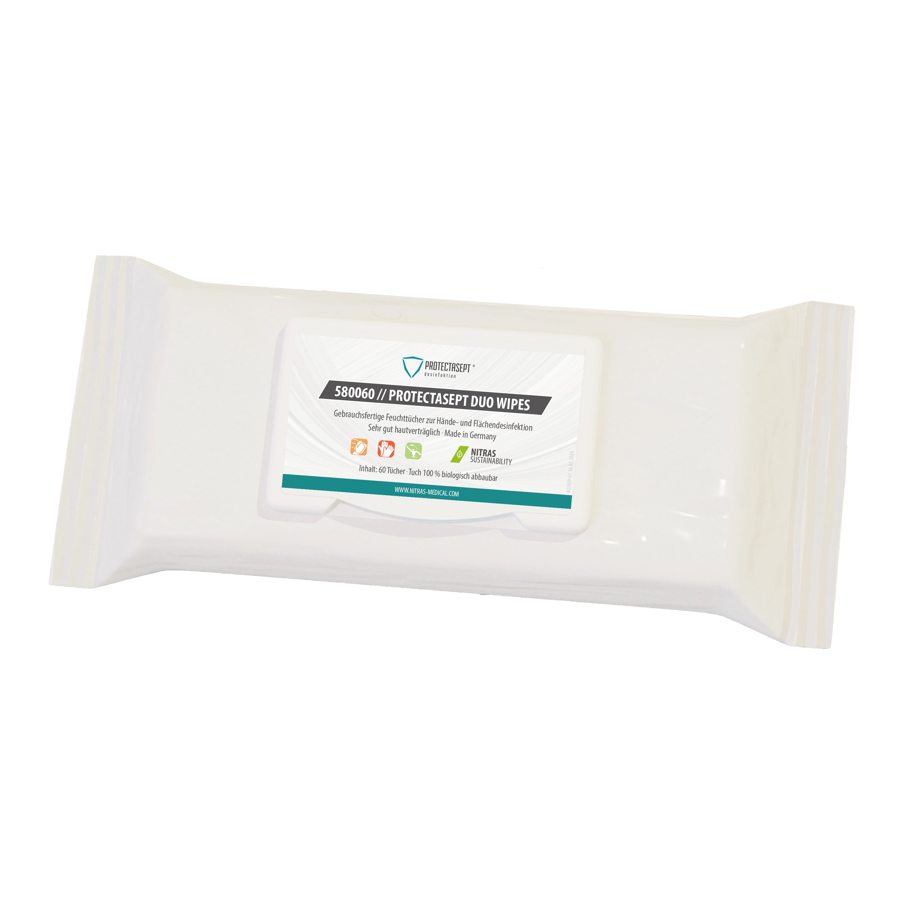 NITRAS PROTECTASEPT DUO WIPES, Desinfektionstücher, EN 16615, Flowpack à 60 Stück