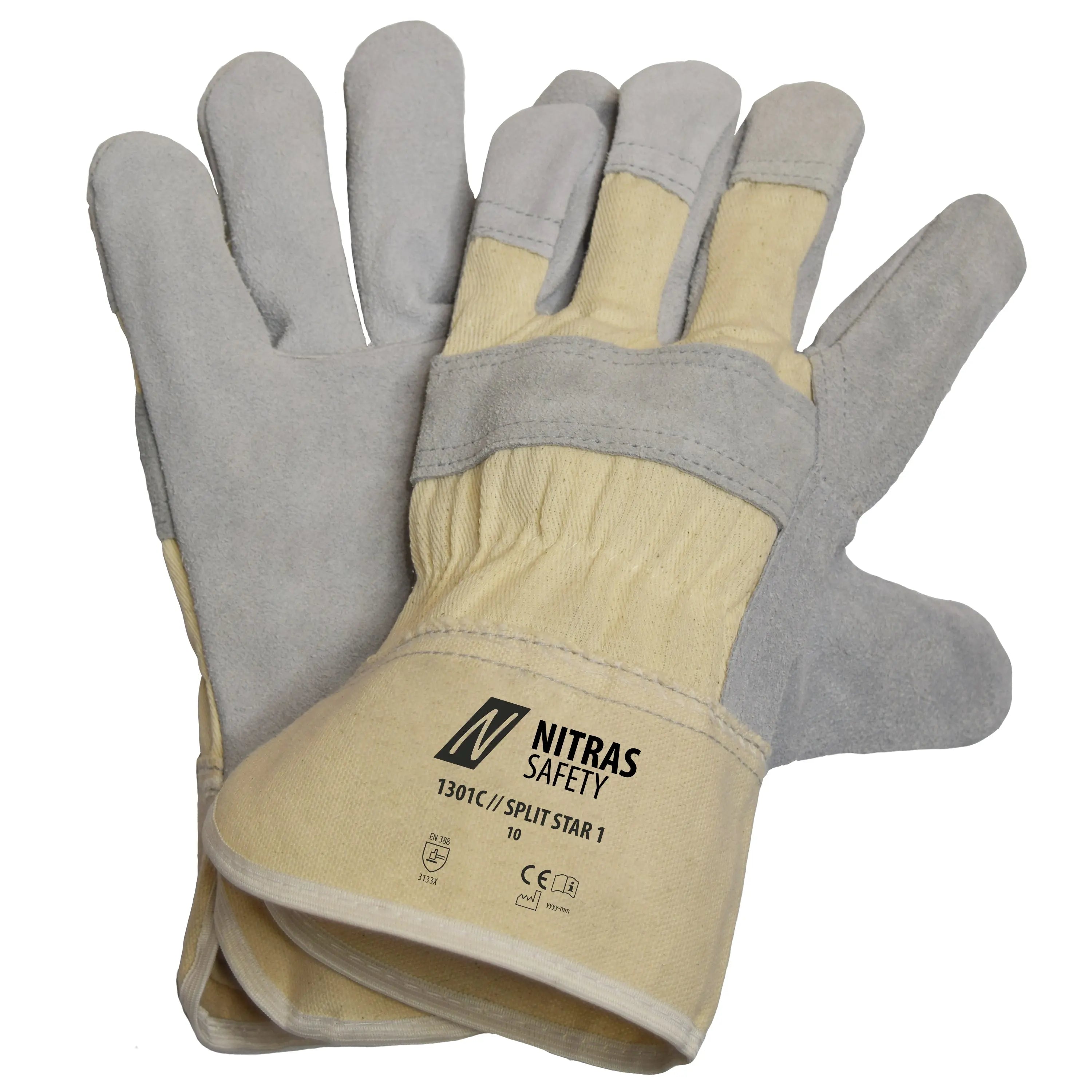 NITRAS SPLIT STAR 1, Rindspaltlederhandschuhe, naturfarben / grau, EN 388 - KERA Arbeitsschutz