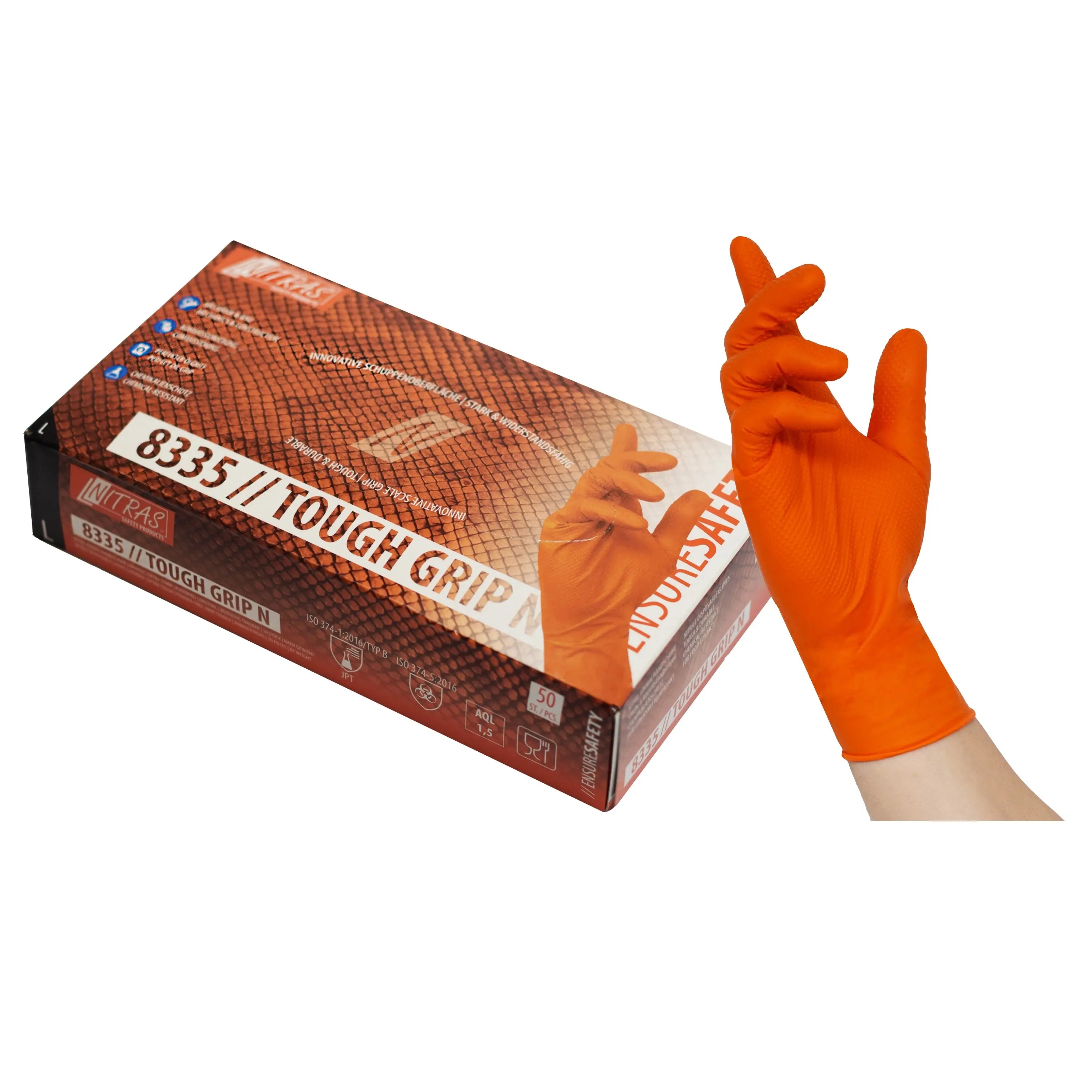 NITRAS TOUGH GRIP N, Nitril-Einmalhandschuhe, orange, EN ISO 374, Box à 50 Stück - KERA Arbeitsschutz