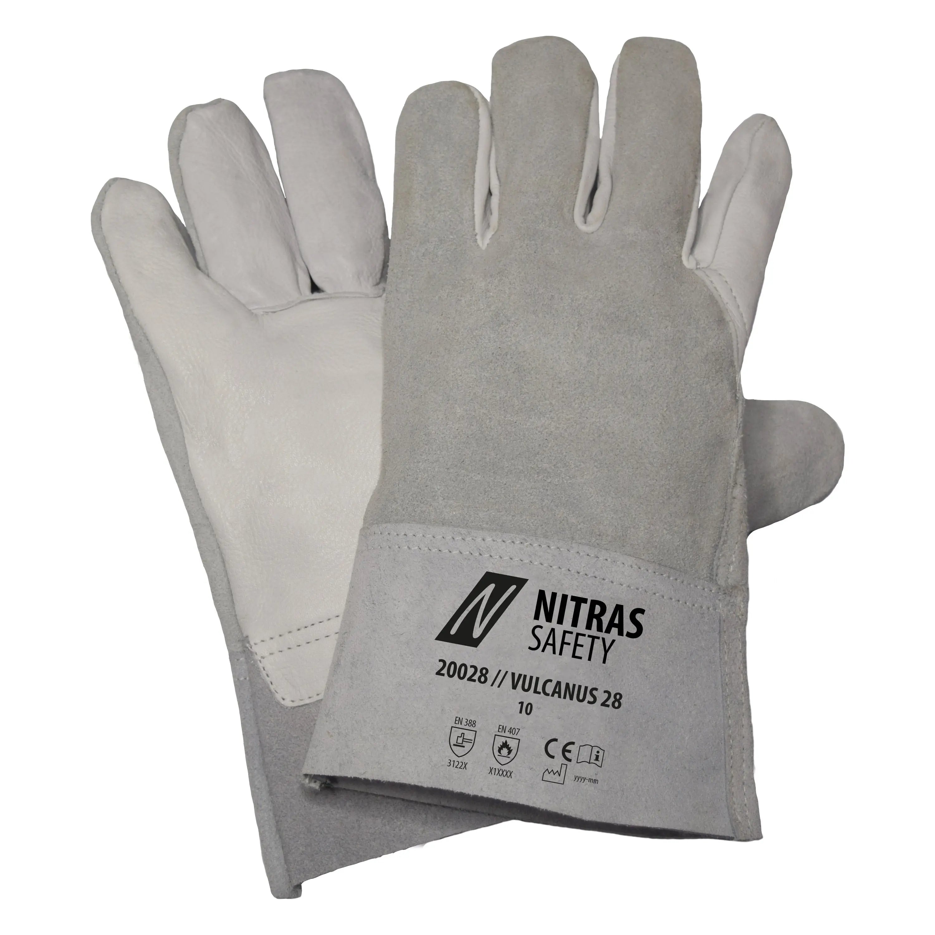 NITRAS VULCANUS 28, 5-Finger-Lederhandschuhe, grau / grau, EN 388, EN 407 - KERA Arbeitsschutz