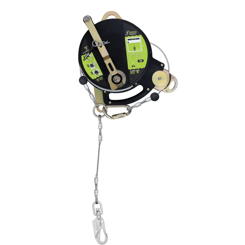 T-LINE Retractable Fallarrester mit Edelstahl-Doppel-Sicherheitskabel und integrierter Rückgewinnung, lg. 24 m