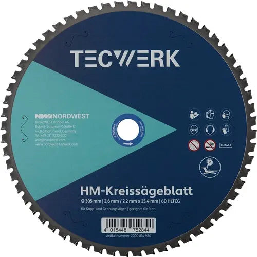TECWERK Tisch-/Kappkreissägeblatt Bohrung 25,4 mm Schnittbreite 2,6 mm Außen-Ø 305 mm Schnittbreite 2.6 mm Bohrung 25.4 mm Zahnform HLTCG Zähnezahl 60