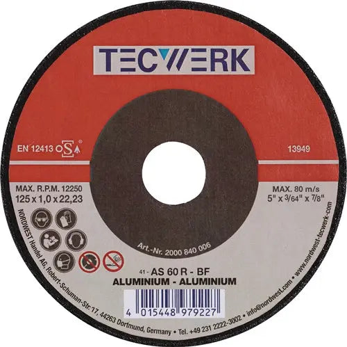 TECWERK Trennscheibe ALU Aluminium Bohrung 22,23 mm Ø 125 mm Scheibenstärke 1 mm Form gerade