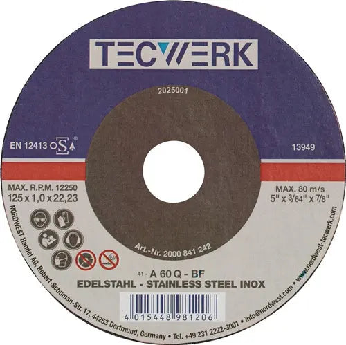 TECWERK Trennscheibe INOX INOX Bohrung 22,23 mm Ø 125 mm Scheibenstärke 1.5 mm Werkstoffeignung Stahl sehr gut geeignet