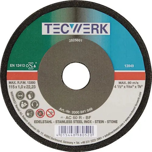 TECWERK Trennscheibe Stahl / Stein Bohrung 22,23 mm Ø 125 mm Scheibenstärke 1 mm Werkstoffeignung Stahl sehr gut geeignet