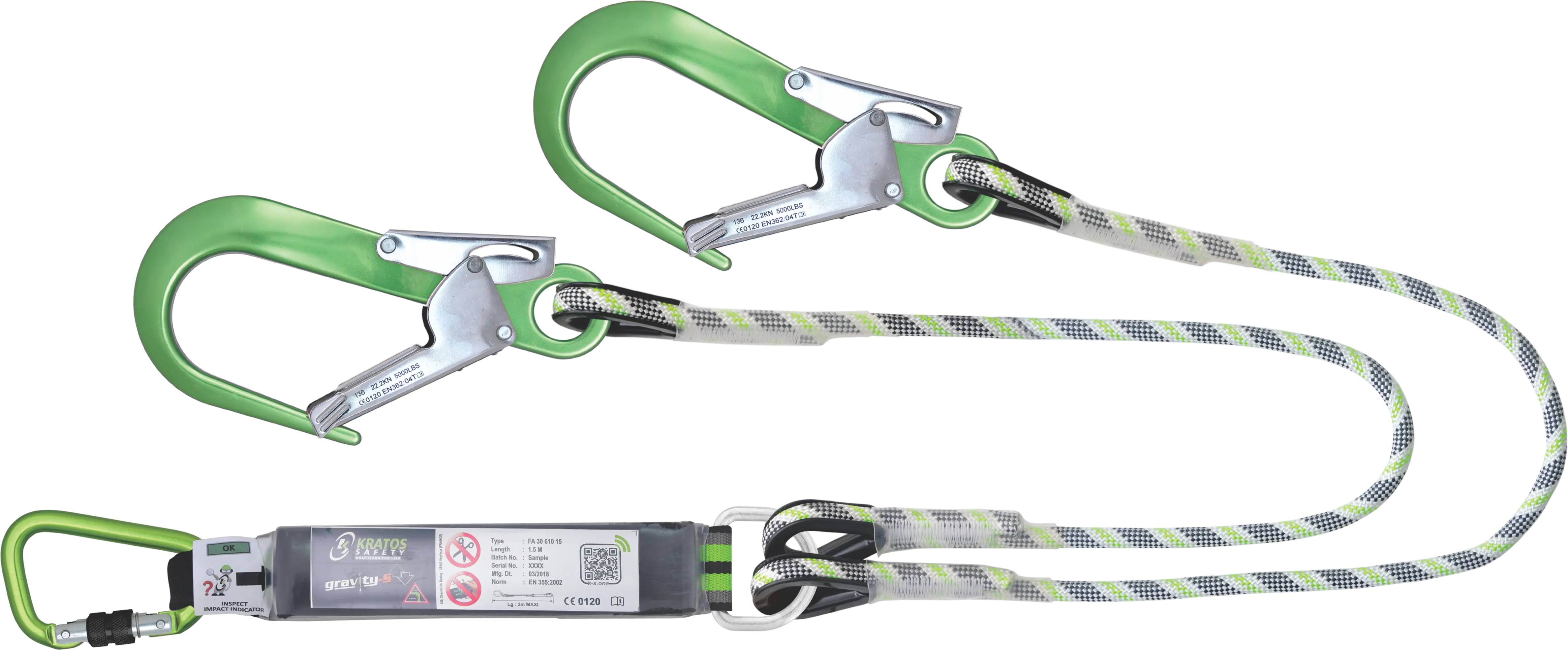 Y-Verbindungsmittel mit Falldämpfer aus Kernmantelseil 1,50 m mit grünen Aluminium Karabinern