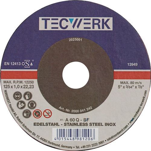 TECWERK Trennscheibe INOX INOX Bohrung 22,23 mm Ø 125 mm Scheibenstärke 1.5 mm Werkstoffeignung Stahl sehr gut geeignet 