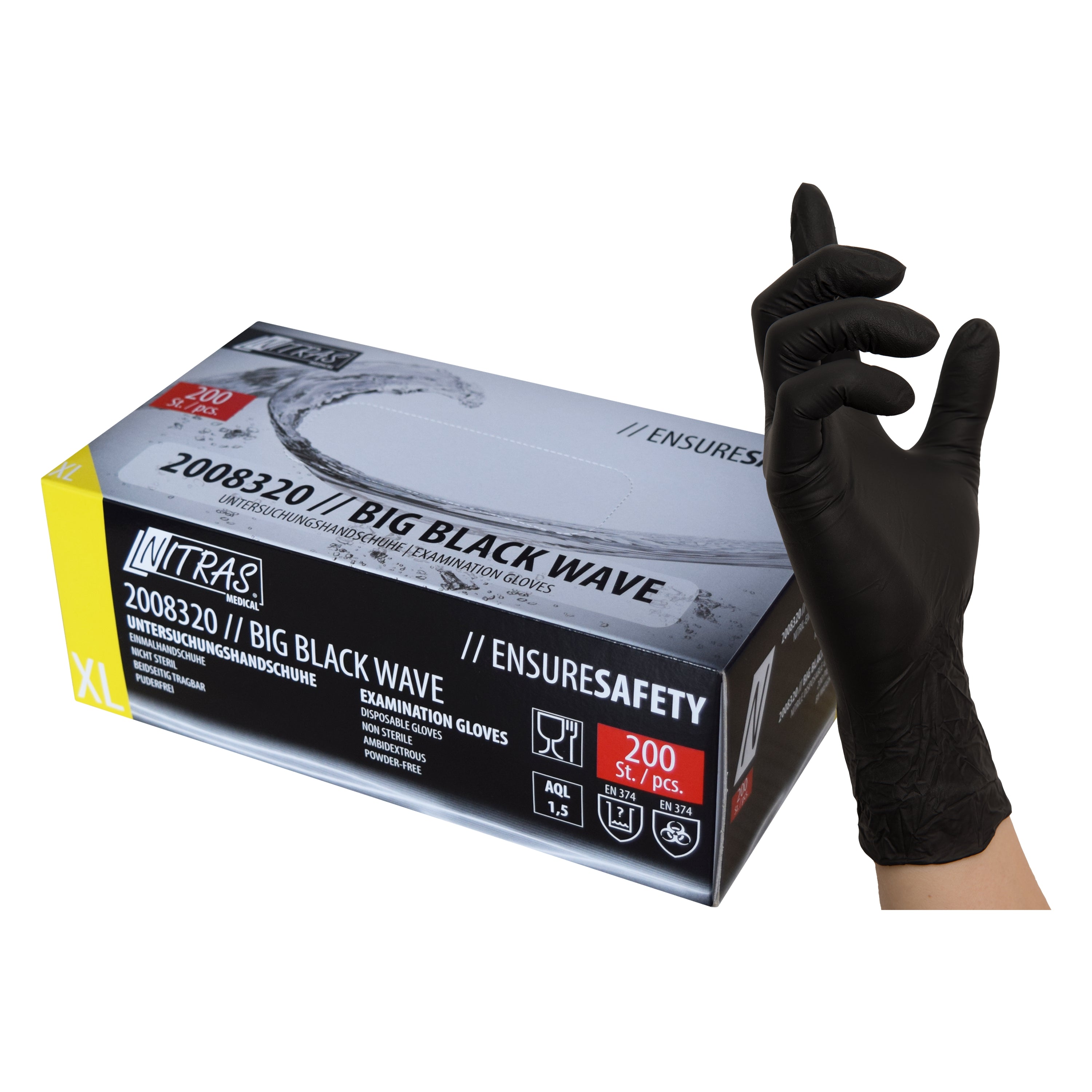 NITRAS BIG BLACK WAVE, Nitril-Einmalhandschuhe, schwarz, EN 455, EN ISO 21420, EN ISO 374, EN 421, Box à 200 Stück 