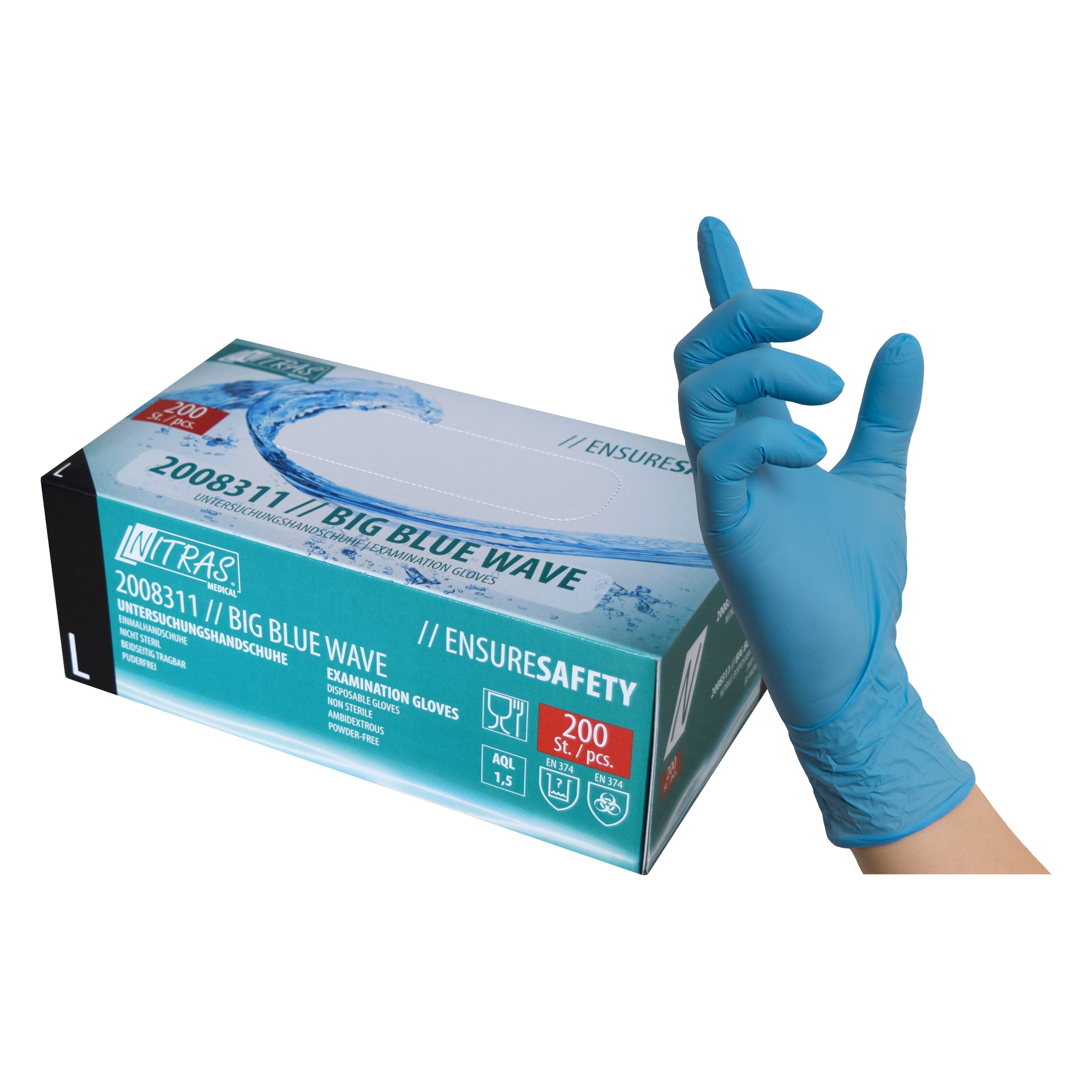 NITRAS BIG BLUE WAVE, Nitril-Einmalhandschuhe, blau, EN 455, EN ISO 21420, EN ISO 374, EN 421, Box à 200 Stück 