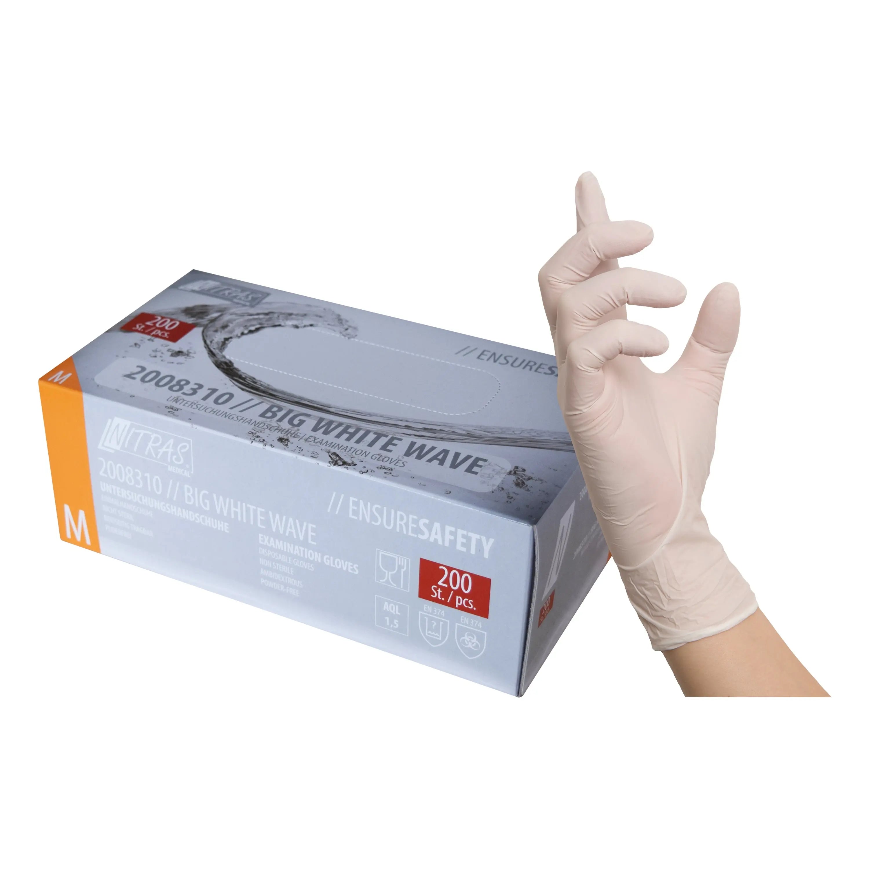 NITRAS BIG WHITE WAVE, Nitril-Einmalhandschuhe, weiß, EN 455, EN ISO 21420, EN ISO 374, EN 421, Box à 200 Stück 
