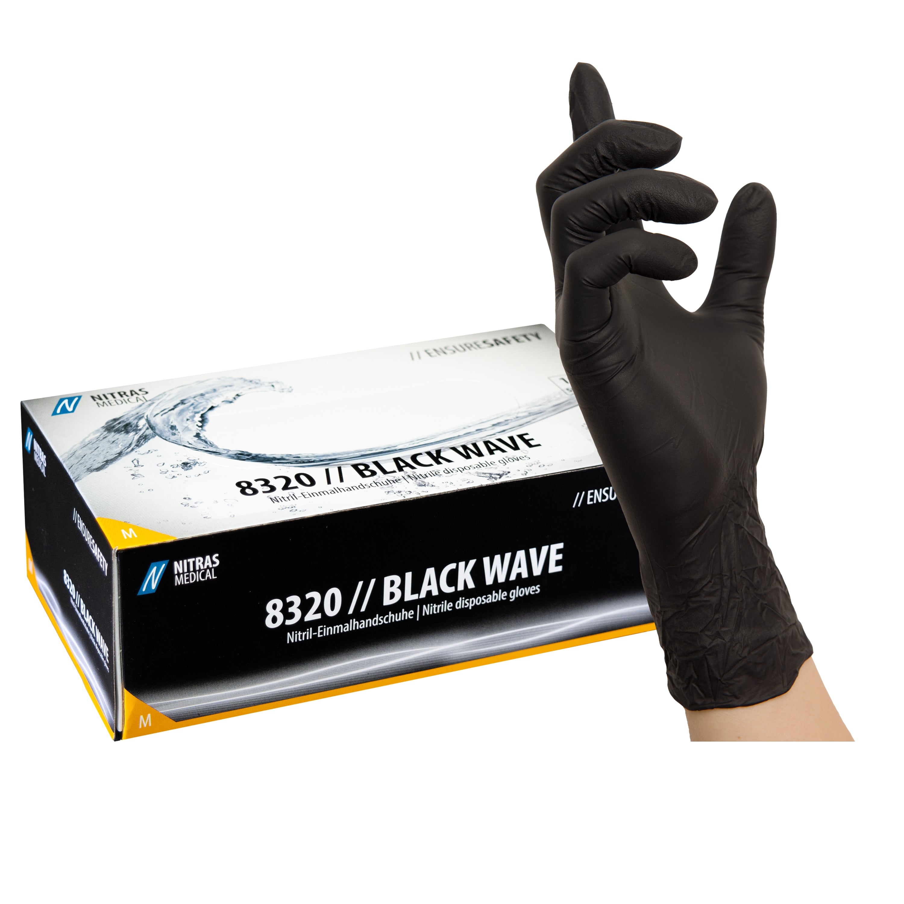 NITRAS BLACK WAVE, Nitril-Einmalhandschuhe, schwarz, EN 455, EN ISO 21420, EN ISO 374, EN 421, Box à 100 Stück 