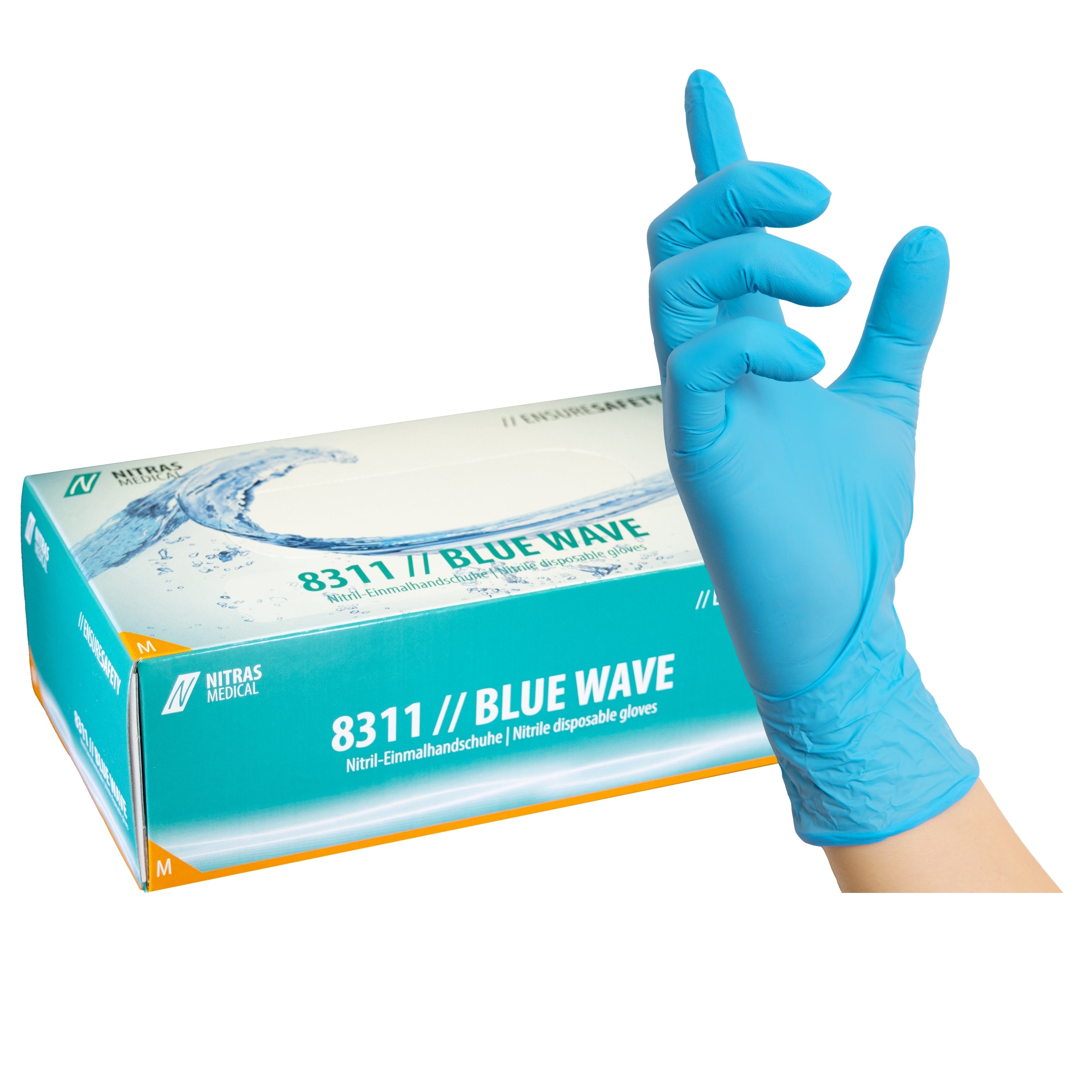 NITRAS BLUE WAVE, Nitril-Einmalhandschuhe, blau, EN 455, EN ISO 21420, EN ISO 374, EN 421, Box à 100 Stück 