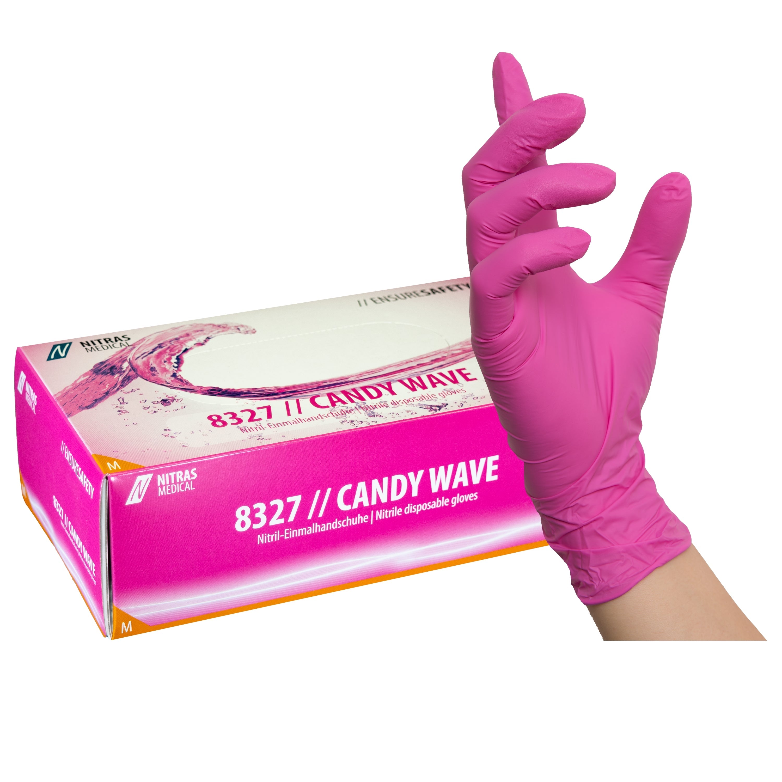 NITRAS CANDY WAVE, Nitril-Einmalhandschuhe, pink, EN 455, EN ISO 21420, EN ISO 374, EN 421, Box à 100 Stück  Nitril-Einmalhandschuhe