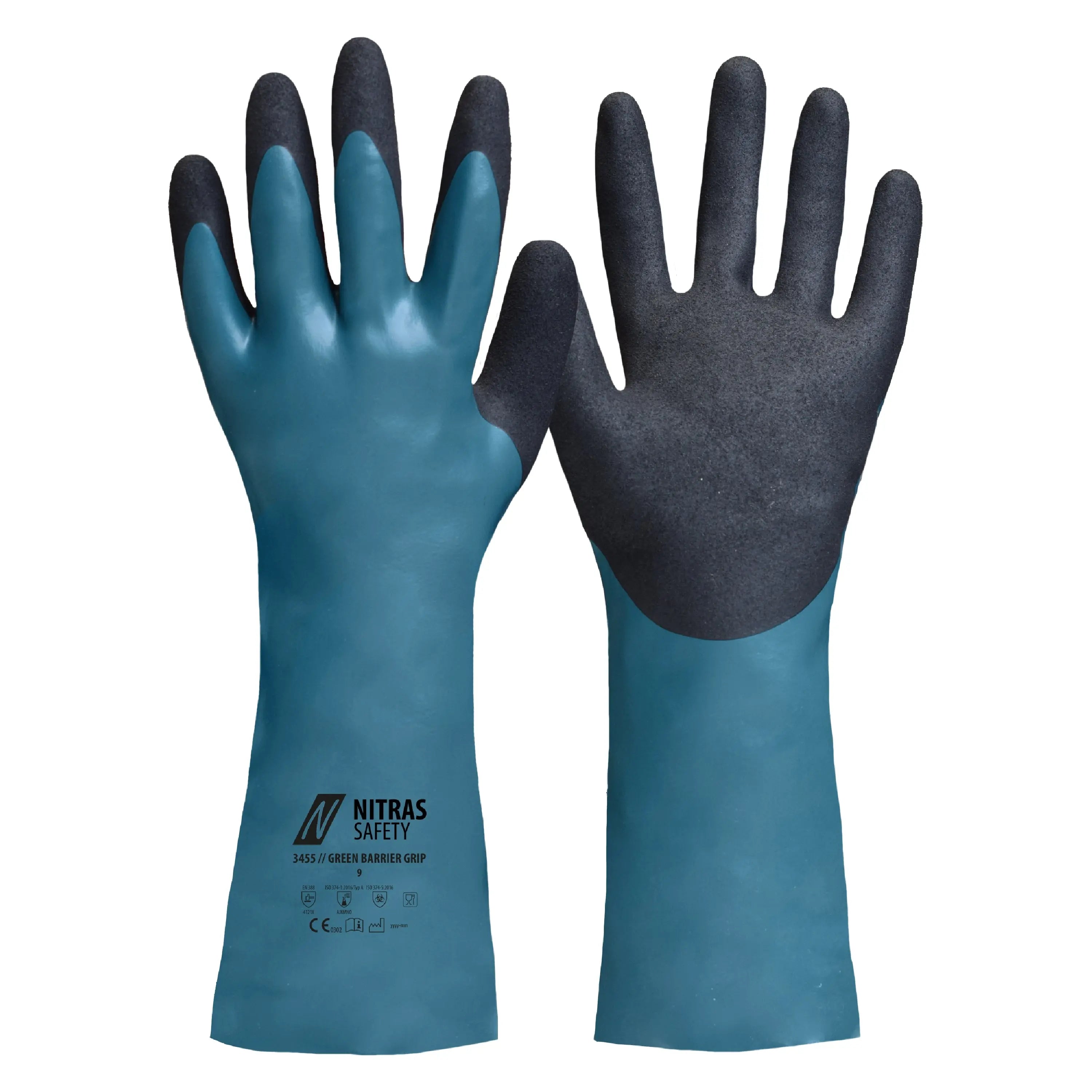 NITRAS GREEN BARRIER GRIP, Chemikalienschutzhandschuhe, naturfarben / petrol / schwarz, EN 388, EN ISO 374 - KERA Arbeitsschutz