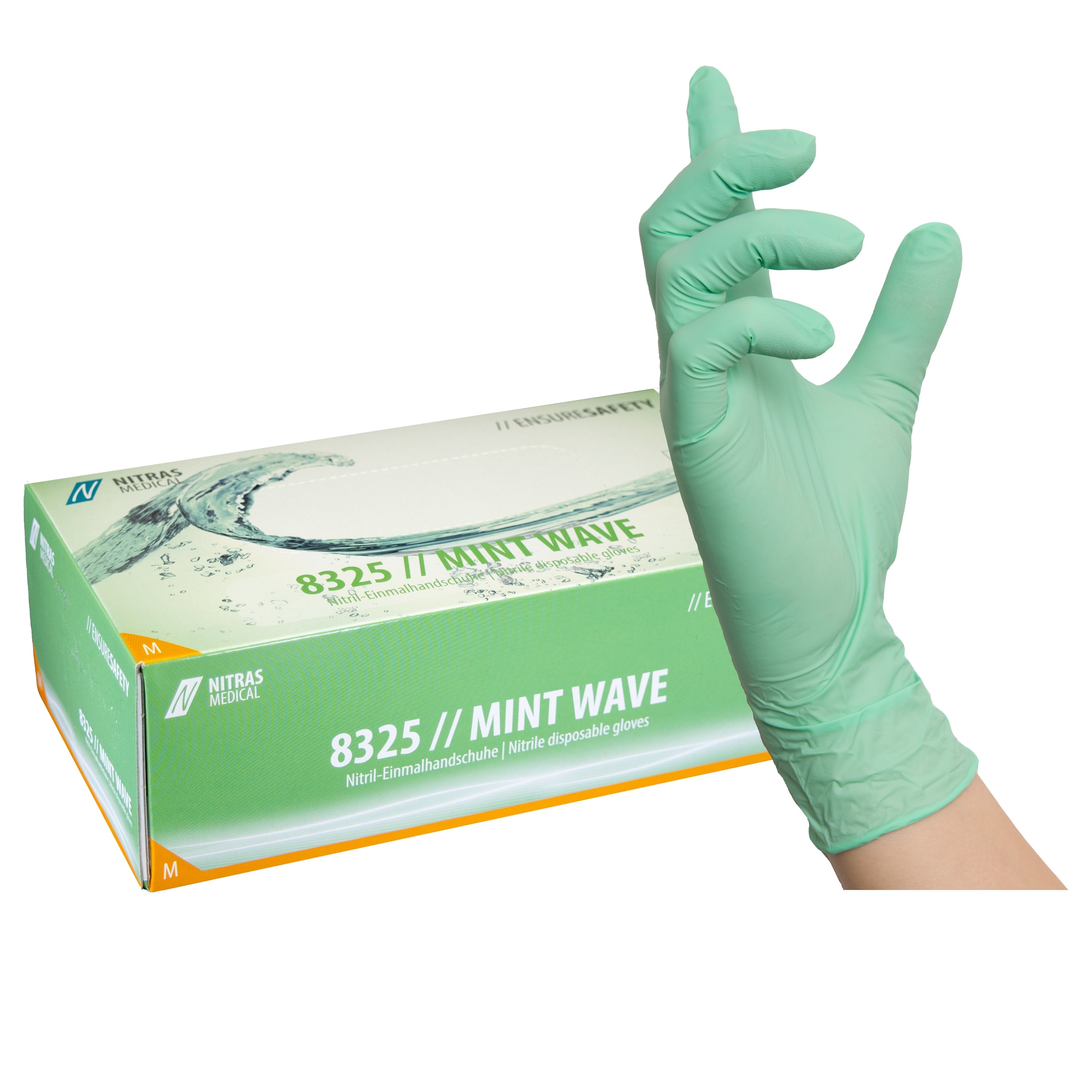 NITRAS MINT WAVE, Nitril-Einmalhandschuhe, mint, EN 455, EN ISO 21420, EN ISO 374, EN 421, Box à 100 Stück 