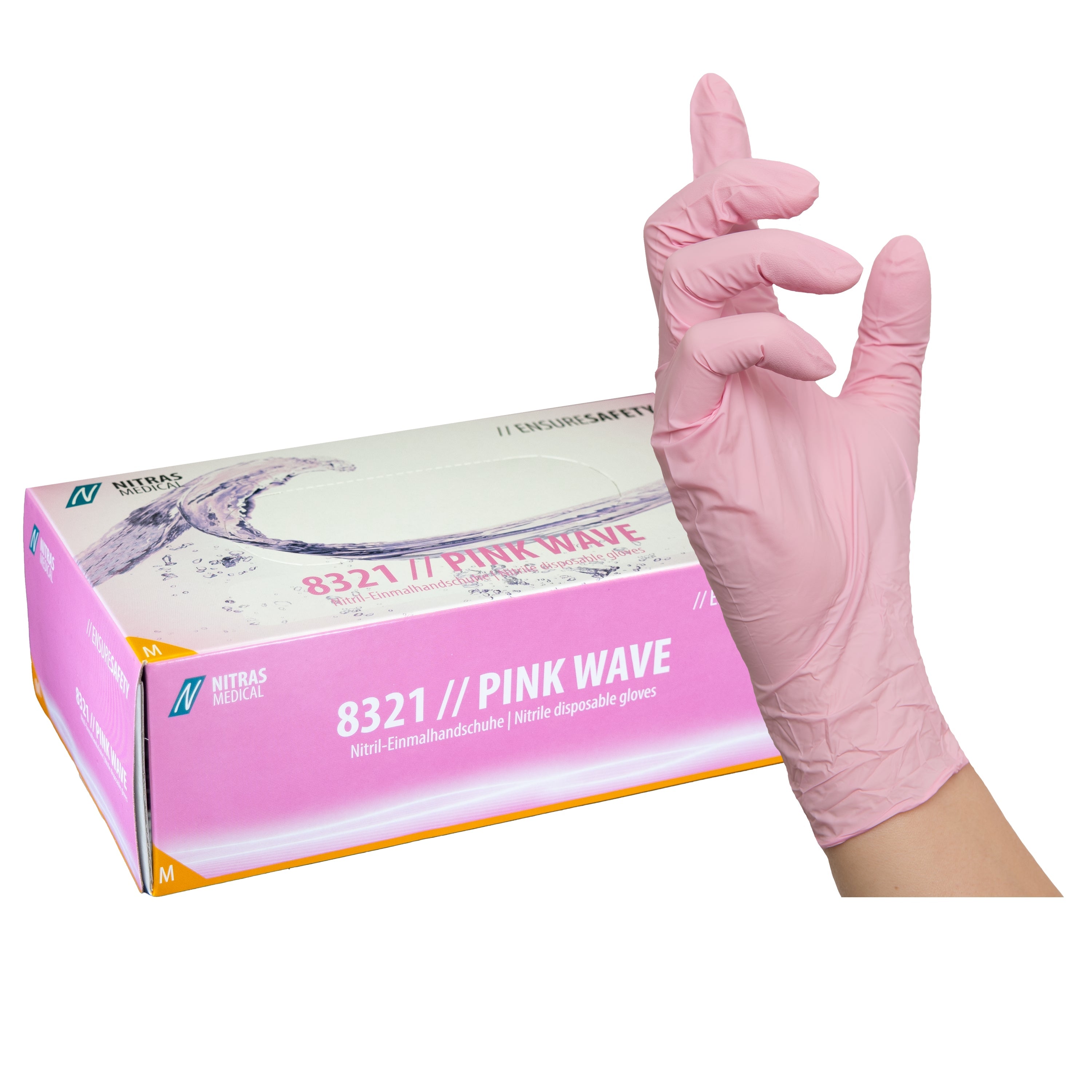 NITRAS PINK WAVE, Einmalhandschuhe aus Nitril, rosa, EN 455, EN ISO 21420, EN ISO 374, EN 421, Box à 100 Stück 