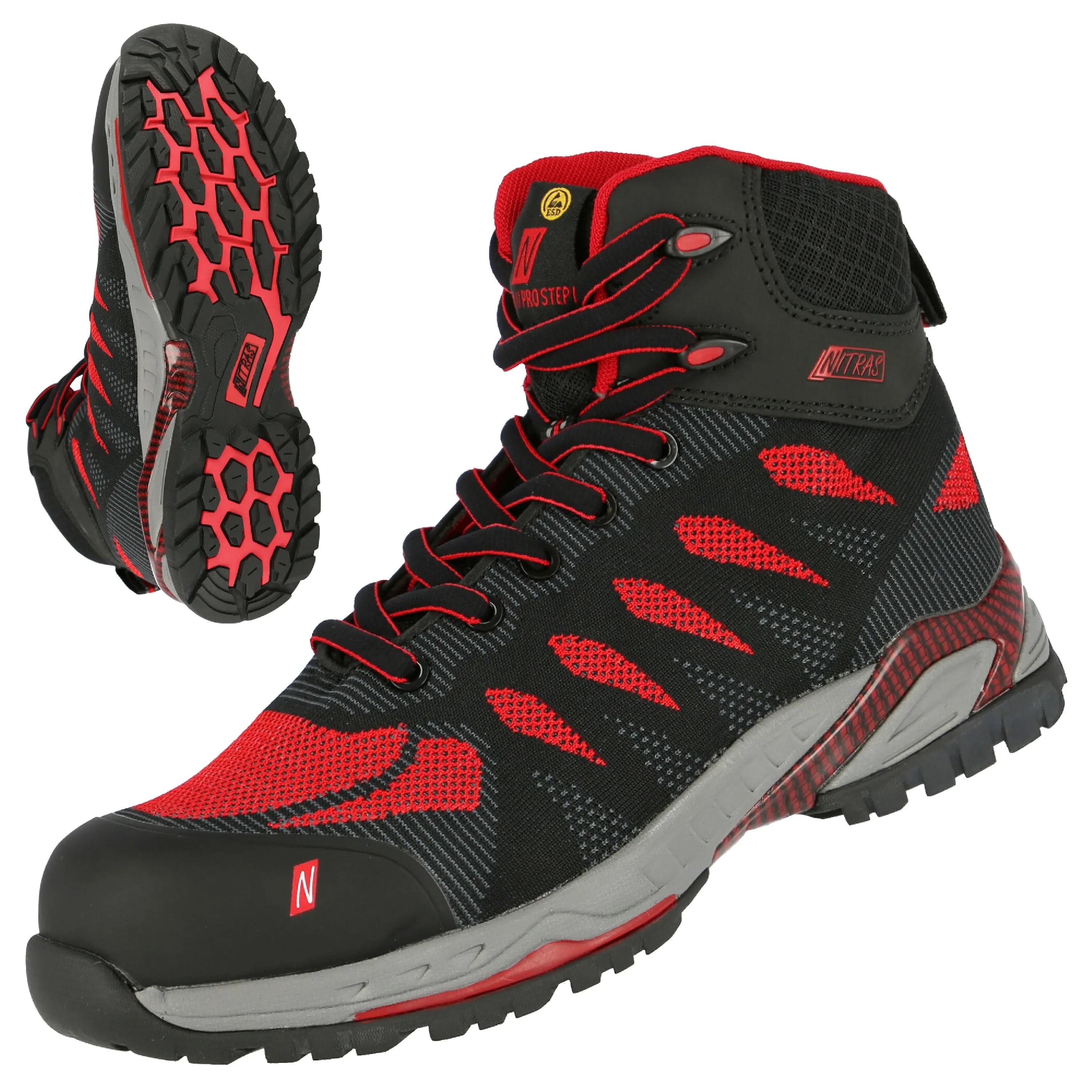 NITRAS PRO STEP MID, S1 P Sicherheitsstiefel, halbhoch, schwarz / rot, EN ISO 20345, EN 61340-4-3, DGUV Regel 112-191 - KERA Arbeitsschutz