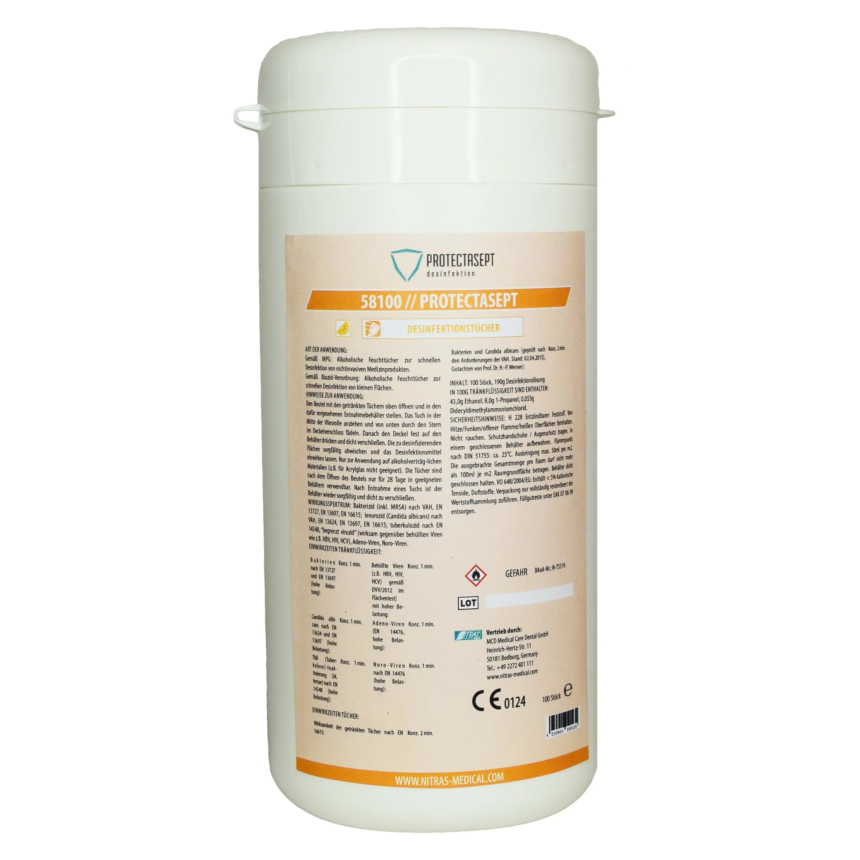 NITRAS PROTECTASEPT, Desinfektionstücher, EN 16615, Dose à 100 Stück 