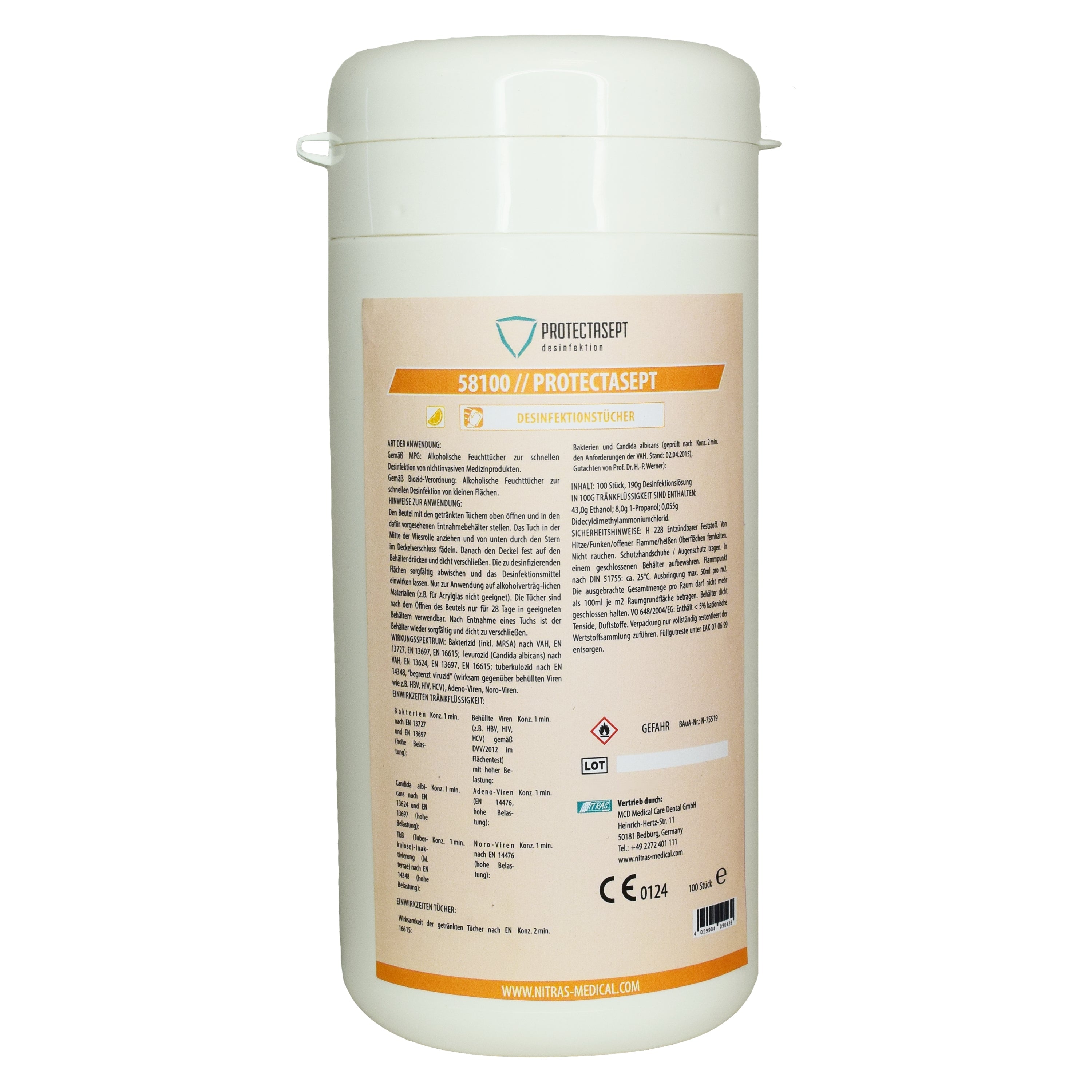 NITRAS PROTECTASEPT, Desinfektionstücher, EN 16615, Dose à 100 Stück 