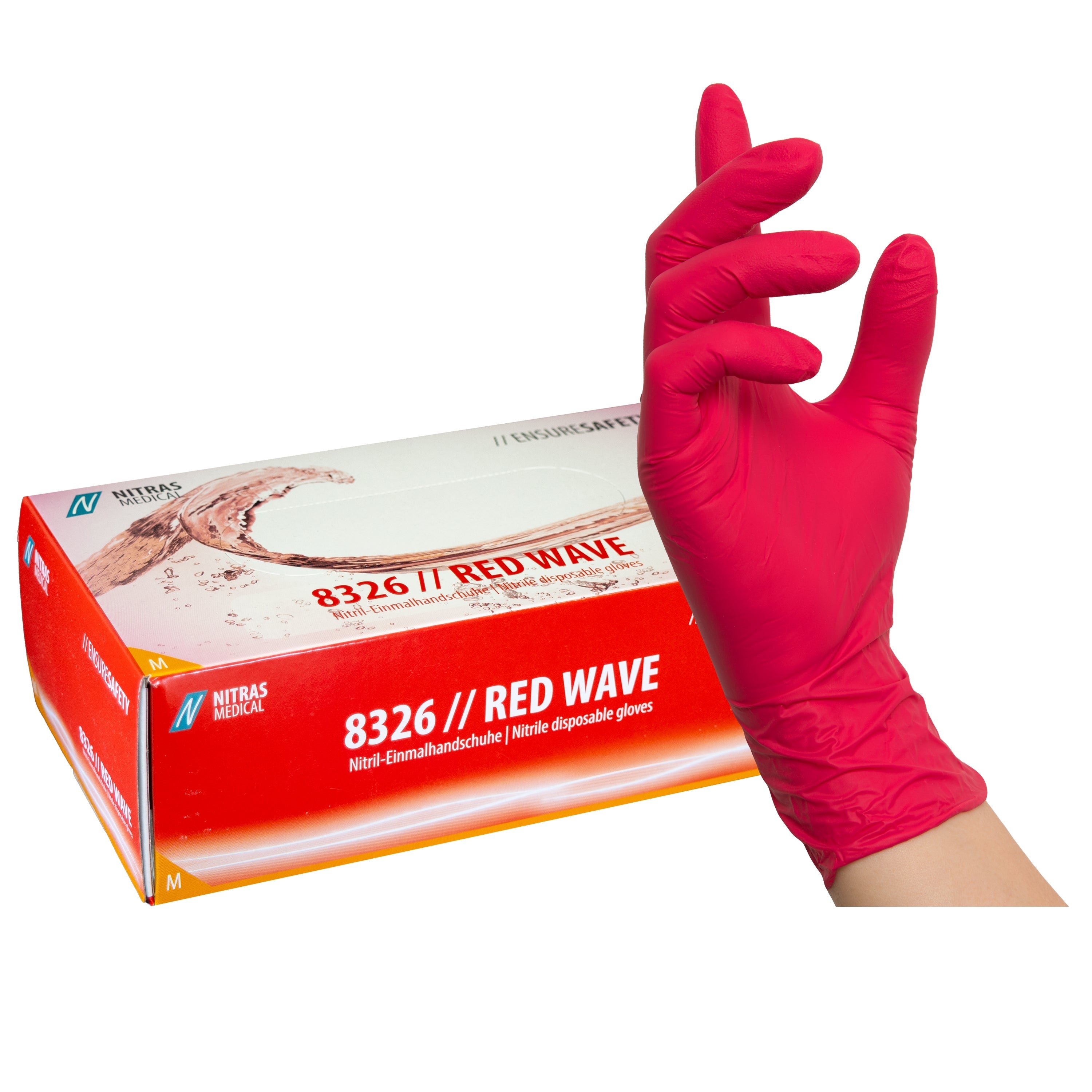 NITRAS RED WAVE, Nitril-Einmalhandschuhe, rot, EN 455, EN ISO 21420, EN ISO 374, EN 421, Box à 100 Stück 