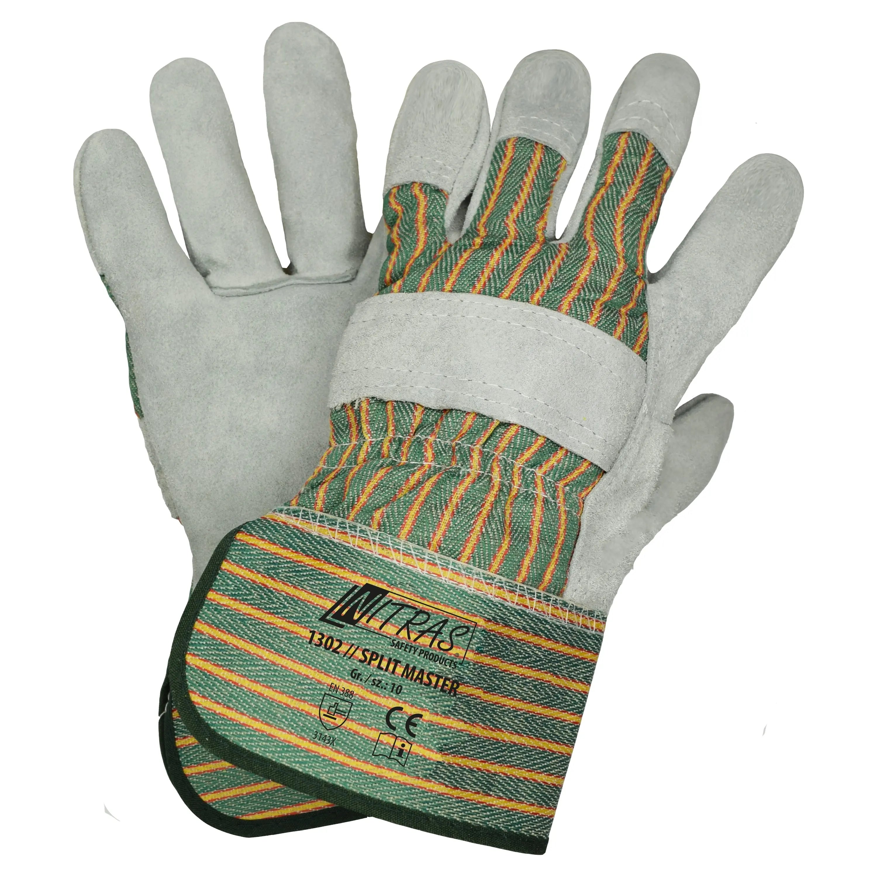 NITRAS SPLIT MASTER, Rindspaltlederhandschuhe, grün / rot / gelb gestreift / grau, EN 388 - KERA Arbeitsschutz