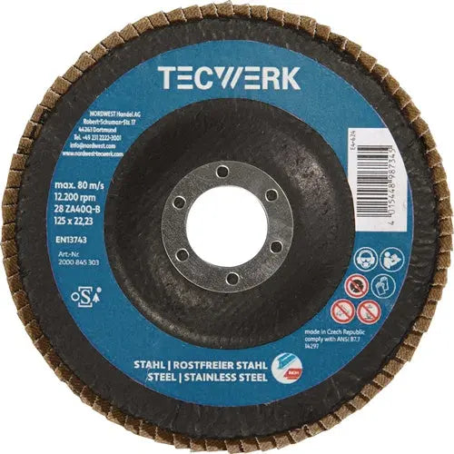TECWERK Premium-Fächerscheibe 2in1 INOX/Stahl Zirkonkorund Form flach Ø 125 Körnung 60 Werkstoffeignung Stahl sehr gut geeignet 